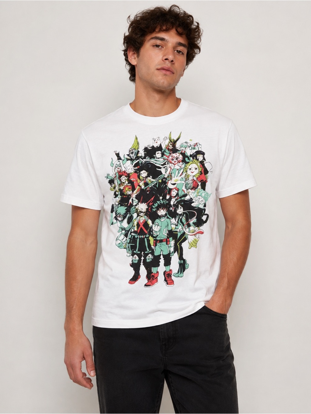 White Short Sleeve Graphic Anime Tee - Crew Neck